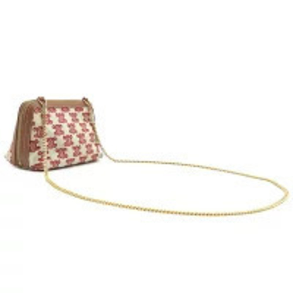 Celine Triomphe Shoulder Bag Chain Clutch Canvas Leather Brown Beige Red - Picture 2 of 11
